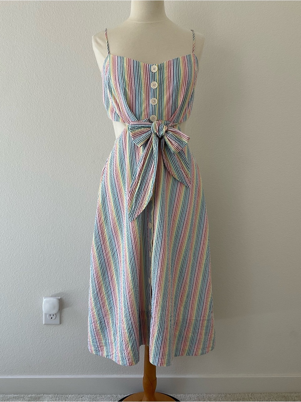 J. Crew Rainbow Seersucker Dress Cut-Out Tie Front Stripe Midi Dress 10 - Picture 7 of 16